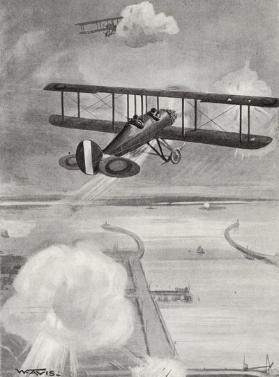 Skvadron-leder Richard Davies og flyløytnant Richard Peirse slipper bomber på ubåtstasjonen i Zeebrugge under kraftig ild, 23. januar 1915 av W. Avis