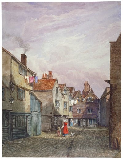 Utsikt over en kvinne og et barn som går ned Crown Court, Bermondsey, London, c1825 av W Barker