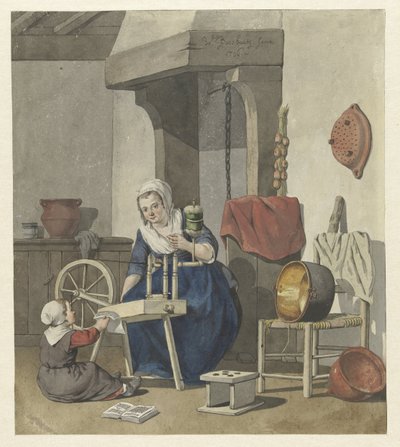 Interiør med en spinnende kvinne med et barn av W. Barthautz