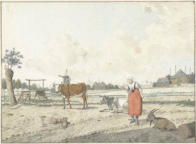 Landskap med bondekone og storfe av W. Barthautz