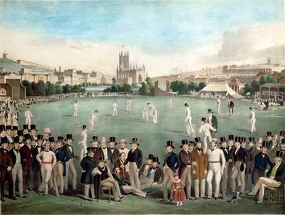 En cricketkamp mellom Sussex og Kent i 1840, utgitt av S. Lipschitz, London, ca. 1849 (farget gravering) av W. and Basebe Charles (after) Drummond