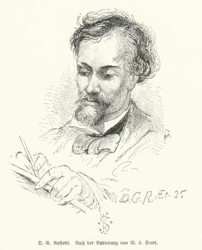 Dante Gabriel Rossetti , britisk poet, illustratør, maler og oversetter, en av grunnleggerne av Pre-Raphaelite Brotherhood (litho) av W. Bell (after) Scott