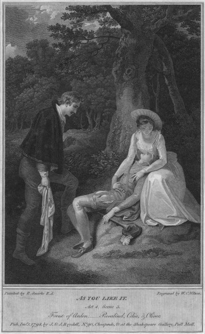 Som du vil. Akt 4. Scene 3. Forest of Arden, - Rosalind, Celia & Oliver, 1798. av W. C. Wilson