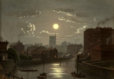 Bristol - Moonlight Scene (olje på kobber) av W. Crambrook