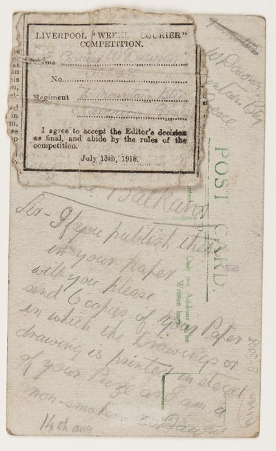 Postkort til redaktøren av Liverpool Weekly Courier, 14. august 1918 (blyant på postkort) av W. Dawson