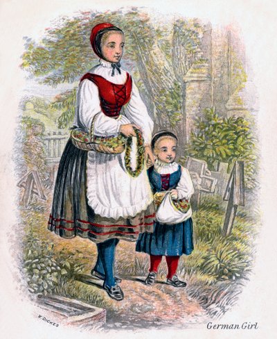 To tyske jenter med kurver med blomster, 1809. av W. Dickes