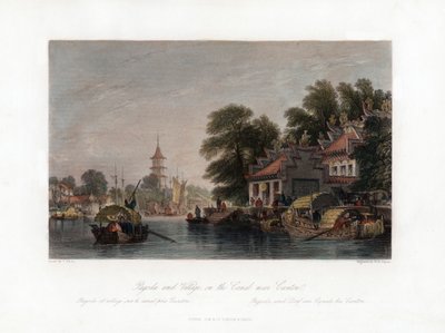 Pagoda and Village, på kanalen nær Canton, Kina, c1840. av W. H. Capone