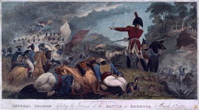 General Graham beseiret franskmennene i slaget ved Barrosa, gravert av J. Edwards, utgitt av Almanack Stationers, 1812 av W. Hal Brooke