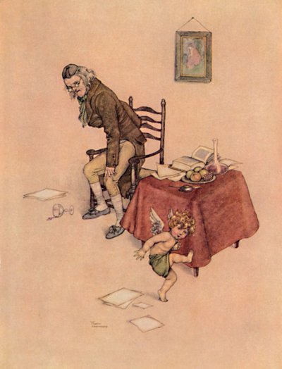 Han hoppet ned fra den gamle mannens fanget og danset rundt ham på gulvet, c1930 av William Heath Robinson