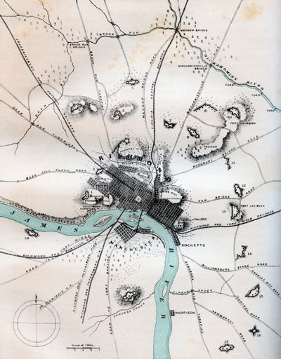 Et kart over Richmond og dens nærhet som viser alle batterier, 1862-1867. av W Kemble
