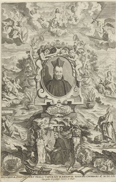 Portrett av Jeremias Drexel Tittelside for: JE. Drexel, De sonne-bloeme oft Vande over-a-cominge van den menscheliicken wille met de[n] godtliicke[n], 1660 av W Merel van