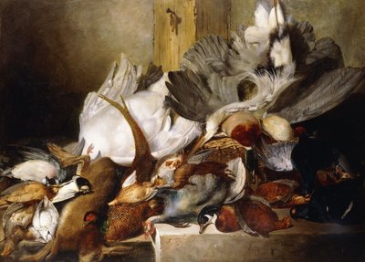 Et stilleben av døde fugler; En hegre som henger fra en vegg, and, fasan, rapphøne, skogshane, en svane og en due med en hare, 1845 av W. Oakes
