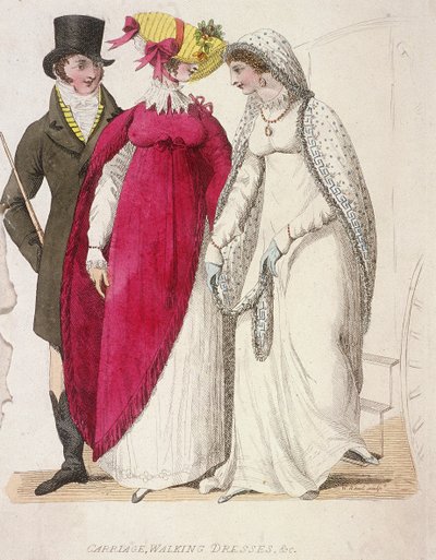To kvinner iført gåkjoler akkompagnert av en mann, c1810 av W Read
