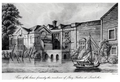 Utsikt over huset som tidligere var residensen til Guy Fawkes i Lambeth, ca. 1850 (akvatint) av W. Read