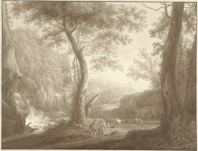 Fjelllandskap med geitegjeter og reisende av W. Regnu (possibly)