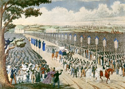Fagforeningsmøte i Copenhagen Fields, 1834 (fargegravering) av W. Summers