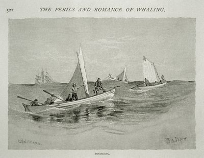 'Sounding' (småbåtmannskaper med håndharpuner gjør klar for jakten), for 'The Perils and Romance of Whaling' i Century Magazine, juni 1890 (gravering) av W. Taber