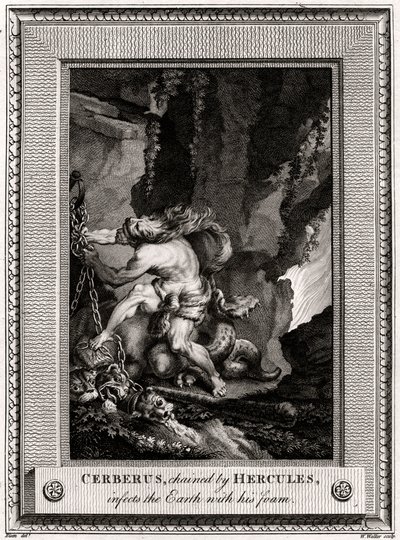 Cerberus, lenket av Hercules, infiserer jorden med skummet sitt, 1774 av W. Walker