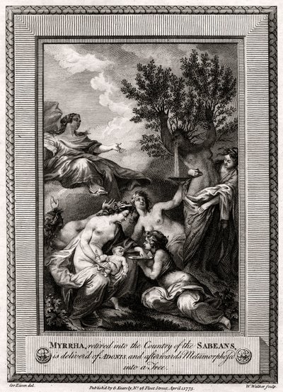 Myrrha, trukket tilbake til Sabeernes land, blir levert av Adonis..., 1775 av W. Walker