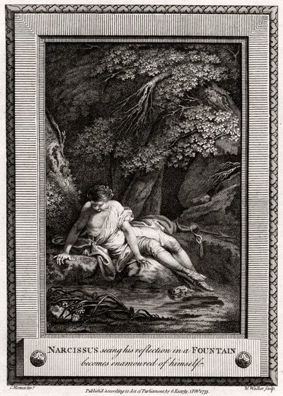 Narcissus som ser sin refleksjon i en fontene blir forelsket i seg selv, 1775 av W. Walker