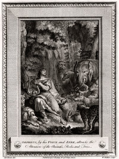 Orpheus, ved sin stemme og lyre, tiltrekker seg oppmerksomheten til Animals, Rocks and Trees, 1774. av W. Walker