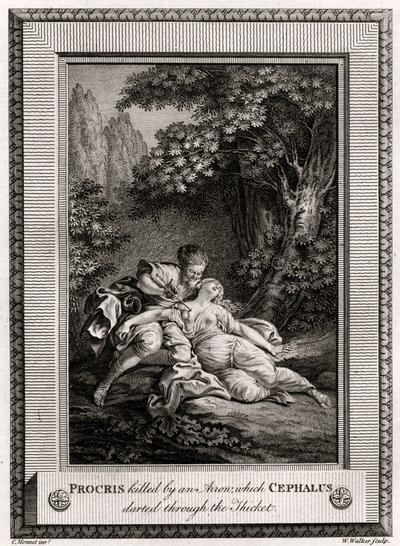 Procris drept av en pil som Cephalus sprang gjennom kratt, 1775 av W. Walker