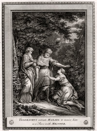 Telemachus ber Hazael om å motta ham som en slave med mentor, 1775 av W. Walker