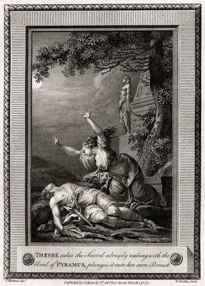 Thisbe tar sverdet som allerede lukter av Pyramus blod, kaster det inn i..., 1775. av W. Walker