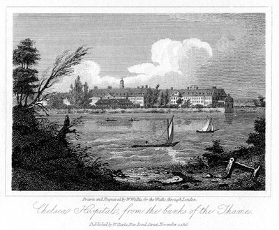 Chelsea Hospital, fra Banks of the Thames, London, 1816. av W. Wallis