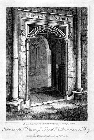 Inngang til St Erasmus Chapel, Westminster Abbey, London, 1817. av W. Wallis