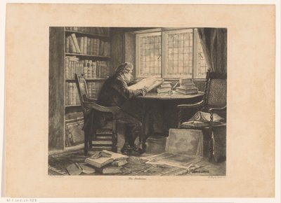 Mann som leser foran studierommet sitt Bokormen (tittel på objekt) av W. Wright Nooth