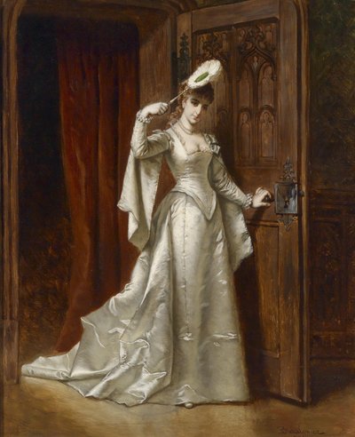 Elegant dame i hvit damastkjole av Władysław Bakałowicz