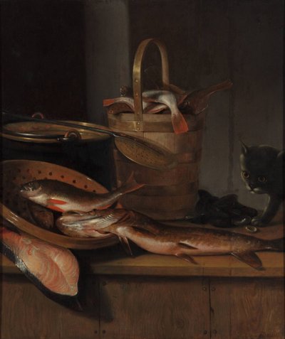 Stilleben med fisk og en katt, ca. 1650-1660 av Wallerant Vaillant