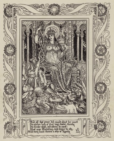 Side fra ny illustrert utgave av Spenser's Faerie Queene (s/hv foto) av Walter (after) Crane