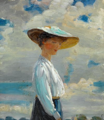 Halvlang figurstudie av en dame i bredbremmet hatt av Walter Bonner Gash