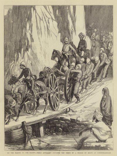 På mars til fronten krysser feltartilleri Indus ved en bro av båter ved Khooshiahgurh av Walter Charles Horsley