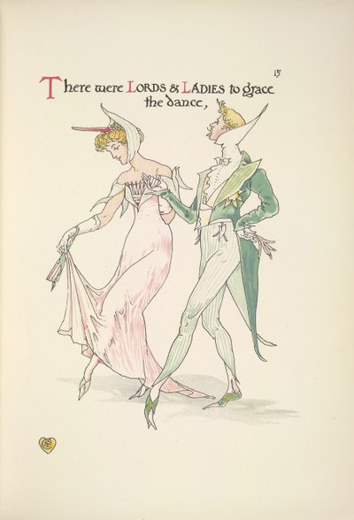 En ung mann og kvinne forbereder seg til å danse av Walter Crane