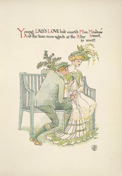 En ung mann som frier til en ung kvinne, Miss Meadow av Walter Crane
