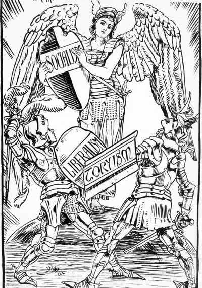 Allegori om Walter Crane: Sosialismen triumferer hardt kampen mellom liberalisme og torysme (det engelske konservative partiet). Gravering fra slutten av 1800-tallet. av Walter Crane