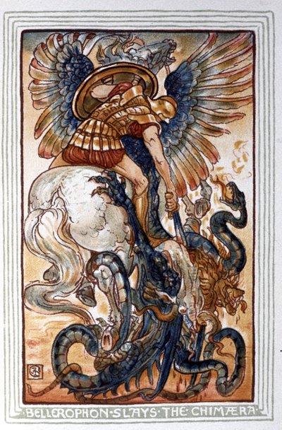 Bellerophon dreper Chimaera, ca. 1900 (illustrasjon) av Walter Crane