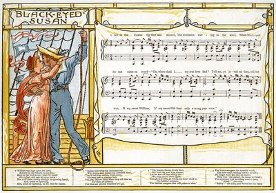 'Black-Eyed Susan', sangillustrasjon fra 'Pan-Pipes', A Book of Old Songs, Nyarrangert og med akkompagnement av Theo. Marzials, utgitt i London av George Routledge und Sons, 1884 (farge lith av Walter Crane