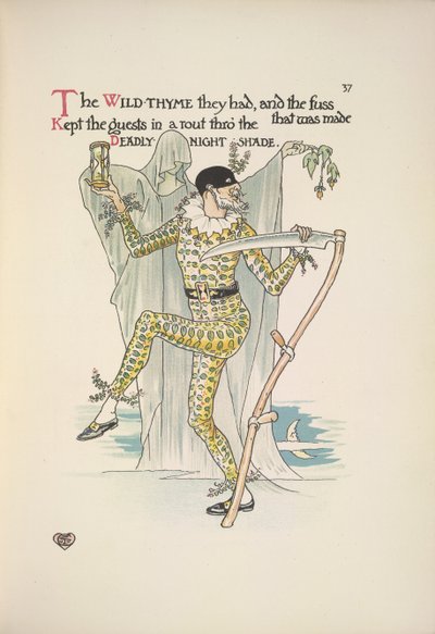 Dødelig nattskygge. En mann som har på seg en maske, et gult kostyme og holder en eggeklokke og en ljå av Walter Crane