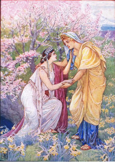 Demeter gledet seg over at datteren hennes var ved hennes side, illustrasjon fra The Story of Greece, 1930-tallet av Walter Crane