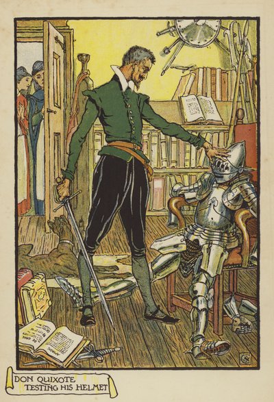 Don Quijote tester hjelmen sin av Walter Crane