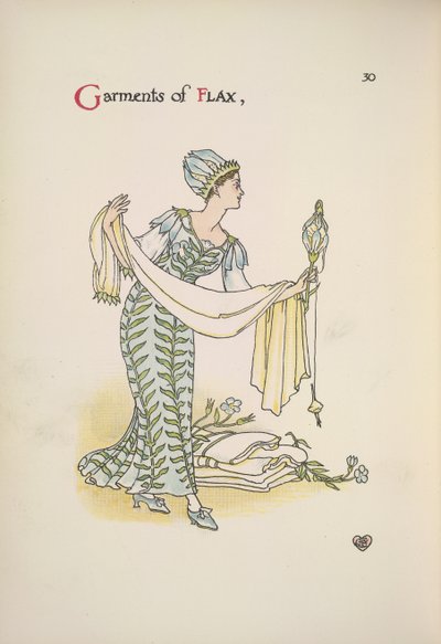 Plagg av lin. En kvinne som holder et sjal av Walter Crane