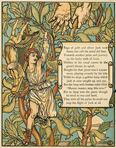 Jack som kommer ned fra Beanstalk fra Jack and the Beanstalk pub. 1875 (farge litho) av Walter Crane