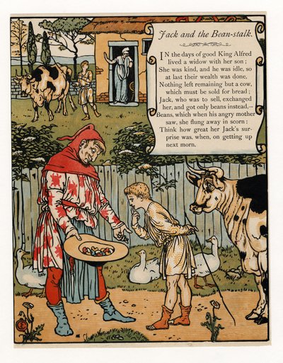 Jack selger kua for bønner, fra The Blue Beard Picture Book, pub. 1879 (farge litho) av Walter Crane