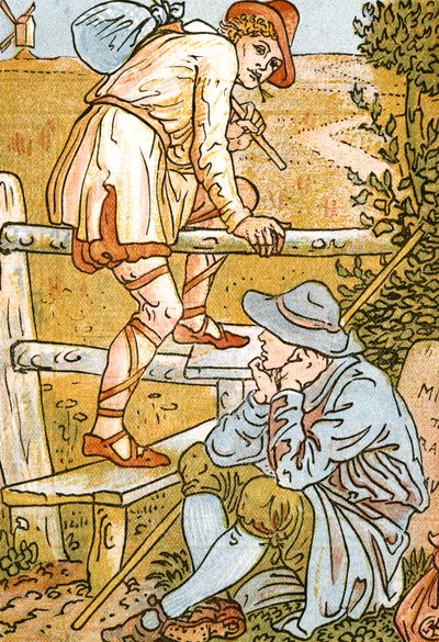 Jog On, Jog On, sangillustrasjon fra Pan-Pipes, A Book of Old Songs, Nyarrangert og med akkompagnement av Theo. Marzials, utgitt i London av George Routledge & Sons, 1884 (de av Walter Crane