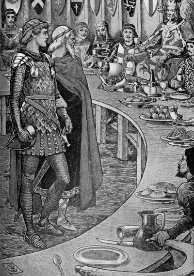 Kong Arthur- En gammel mann presenterer Sir Galahad. av Walter Crane