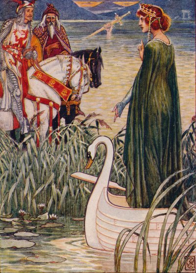 Kong Arthur ber Lady of the Lake om sverdet Excalibur, 1911. av Walter Crane